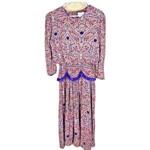 VTG 80s Midi Dress Miss Dorby Paisley  Button Back & Suede Waistband Panels 10